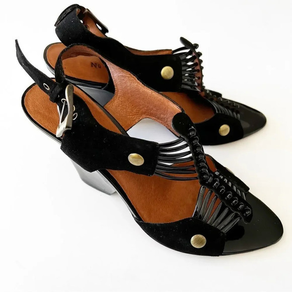 No. 704b Digna Black Suede‎ Caged Heels Wedge Size 37.5 Anthropologie Gold Luxe - Picture 10 of 10